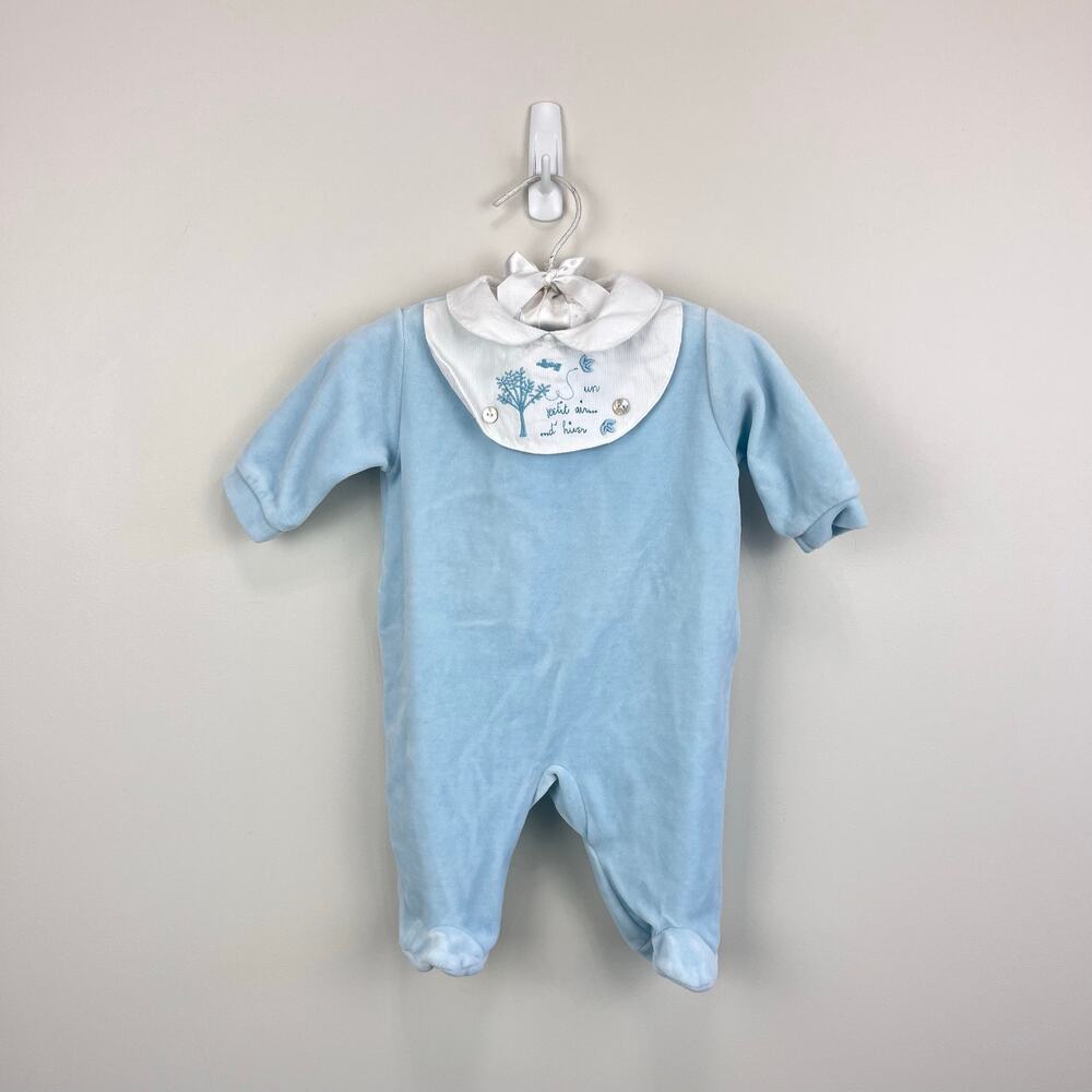 Bout'Chou Blue Velour Embroidered Bib Footie Romper 1 M